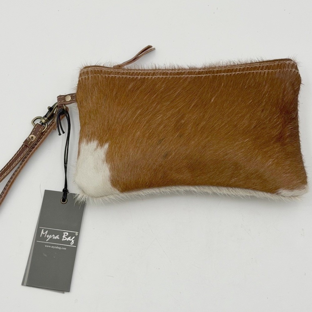 Myra Bag Genuine Cowhide Wristlet Clutch Brown White Hair-on-Hide Pouch NWT